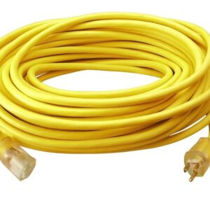 Southwire Outdoor Extension Cord – Durable Vinyl Jacket for For Farm, Ranch & Workshop - Lighted End With Reinforced Blades - SJTW, Yellow - 12 Gauge, 3 Prong - 50 Feet