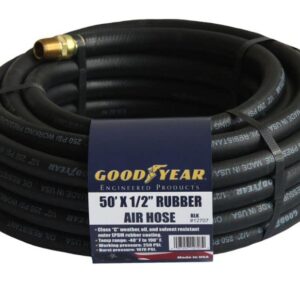 Goodyear 50' x 1/2" Black Rubber Air Hose - 250 PSI Working Pressure - 1070 PSI Burst Pressure - 100% Brass 1/4" NPT Fittings - Made in USA