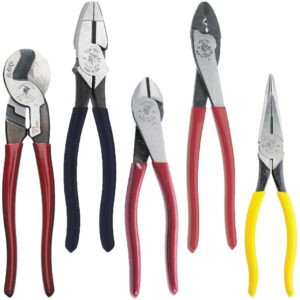 Klein Tools 80087 Dipped Plier Kit, Made in USA, Diagonal-Cutting, Needle-Nose, Side-Cutting High Leverage Linesman Pliers, Cutter and Crimper, 5-Piece