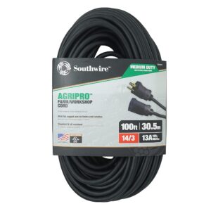 Southwire AGRIPRO Medium Duty Extension Cord, 100Ft, 14 Gauge, 3 Conductor, Farm/Workshop Cord, SJTOW, Black, 64816301
