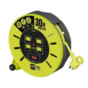 Masterplug 30ft Cassette Cord Reel, Retractable Extension Lead with Winding Handle, Safety Overload Circuit Breaker and Power Switch, 4x Grounded Outlets, 10amps, 16AWG Cable