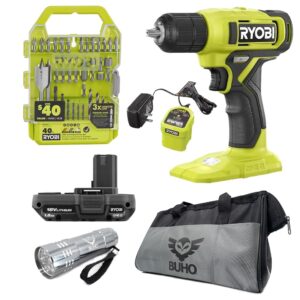 Drill Set Bundle with Ryobi 18V Cordless Drill, 1.5 Ah Lithium-ion Battery, 18-Volt Battery Charger, 40 Piece Multipurpose Drill Bits, and Buho 16 Inch Tool Bag with Outside Pockets
