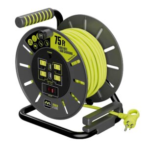 Masterplug 75ft Cord Reel, Retractable Extension Lead with Winding Handle, Safety Overload Circuit Breaker and Power Switch, 4x Grounded Outlets, 2x USB Ports, 13amps, 14AWG Cable