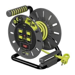 Masterplug 3ft Cord Reel, Retractable Extension Lead with Winding Handle, Safety Overload Circuit Breaker and Power Switch, 4x Grounded Outlets, 13amps, 14AWG Cable