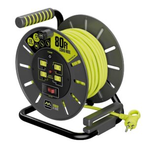 Masterplug 80ft Cord Reel, Retractable Extension Lead with Winding Handle, Safety Overload Circuit Breaker and Power Switch, 4X Grounded Outlets, 13amps, 14AWG Cable