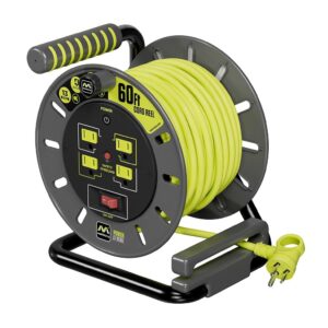 Masterplug 60ft Cord Reel, Retractable Extension Lead with Winding Handle, Safety Overload Circuit Breaker and Power Switch, 4X Grounded Outlets, 13amps, 14AWG Cable