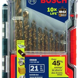 BOSCH CO21B 21-Piece Assorted Set with Included Case Cobalt M42 Metal Drill Bit with Three-Flat Shank for Drilling Applications in Stainless Steel, Cast Iron, Titanium, Light-Gauge Metal, Aluminum