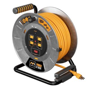 Masterplug 100ft Cord Reel, Metal Cable Drum, Retractable Extension Lead with Winding Handle, Safety Overload Circuit Breaker and Power Switch, 4x Grounded Outlets, 15amps, 12AWG Cable