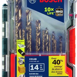 BOSCH CO14B 14-Piece Assorted Set with Included Case - Cobalt M42 Metal Drill Bits with Three-Flat Shank for Drilling Applications in Stainless Steel, Cast Iron, Titanium, and Light-Gauge Metal