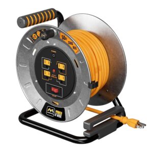 Masterplug 50ft Cord Reel, Metal Steel Cable Drum, Retractable Extension Lead with Winding Handle, Safety Overload Circuit Breaker and Power Switch, 4x Grounded Outlets, 15amps, 12AWG Cable