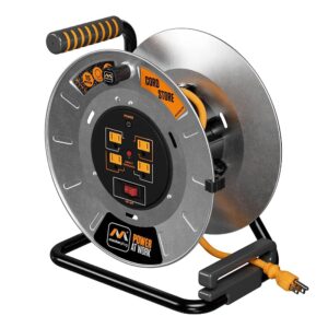 Masterplug 1ft Cord Reel, Metal Cable Drum, Retractable Extension Lead with Winding Handle, Safety Overload Circuit Breaker and Power Switch, 4x Grounded Outlets, 15amps, 12AWG Cable