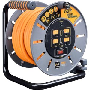 Masterplug 75ft Cord Reel, Retractable Extension Lead with Winding Handle, Safety Overload Circuit Breaker and Power Switch, 4x Grounded Outlets, 2x USB Ports, 15amps, 12AWG Cable