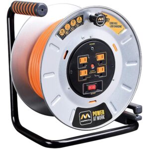 Masterplug Metal Steel Drum with Four Powered Outlets, Open Cord Reel Extension Cord with Winding Handle, Overload Circuit Breaker and Power Switch, 75 Feet 12AWG, High Visibility Cord